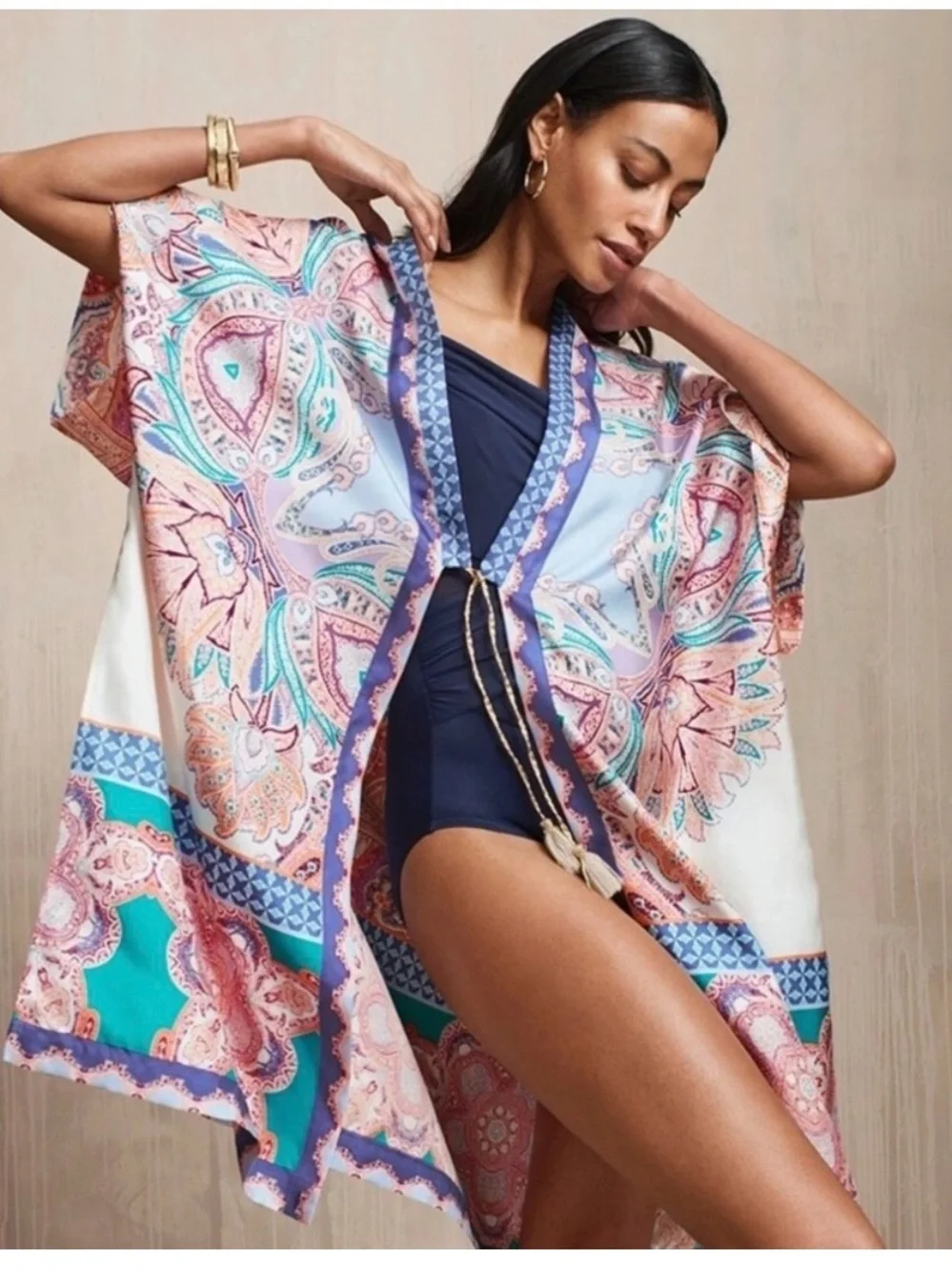 Chico's Silk Multi-Color Paisley Open Front Kimono Size M NWT